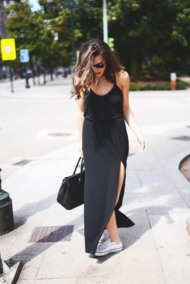 black dress with converse shoes