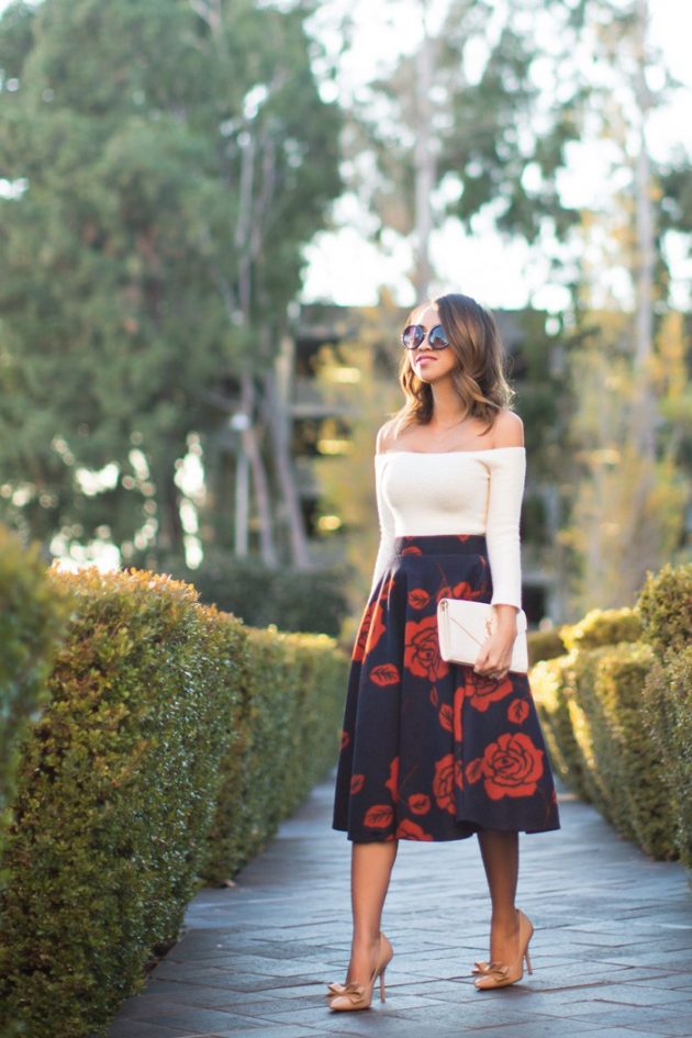Floral Midi Skirt and Lace-up Blouse - MEMORANDUM