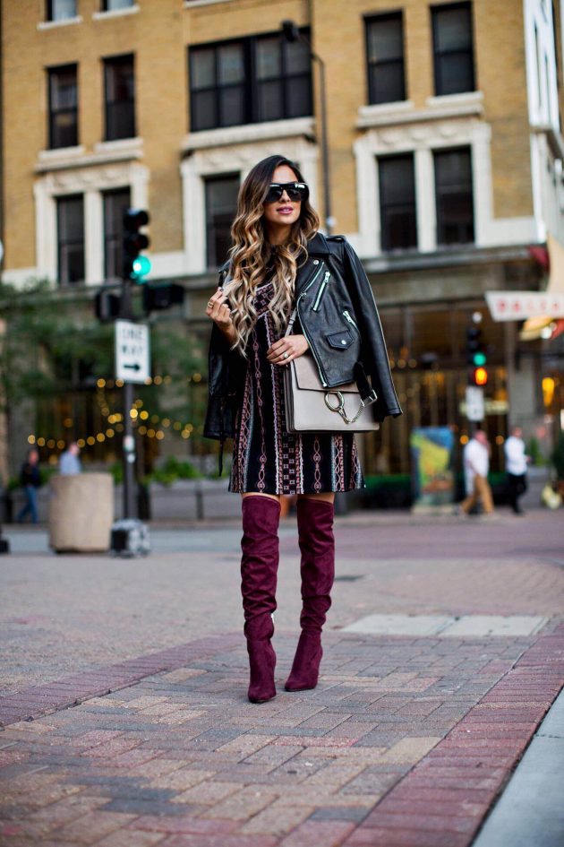 burgundy over the knee boots outfit